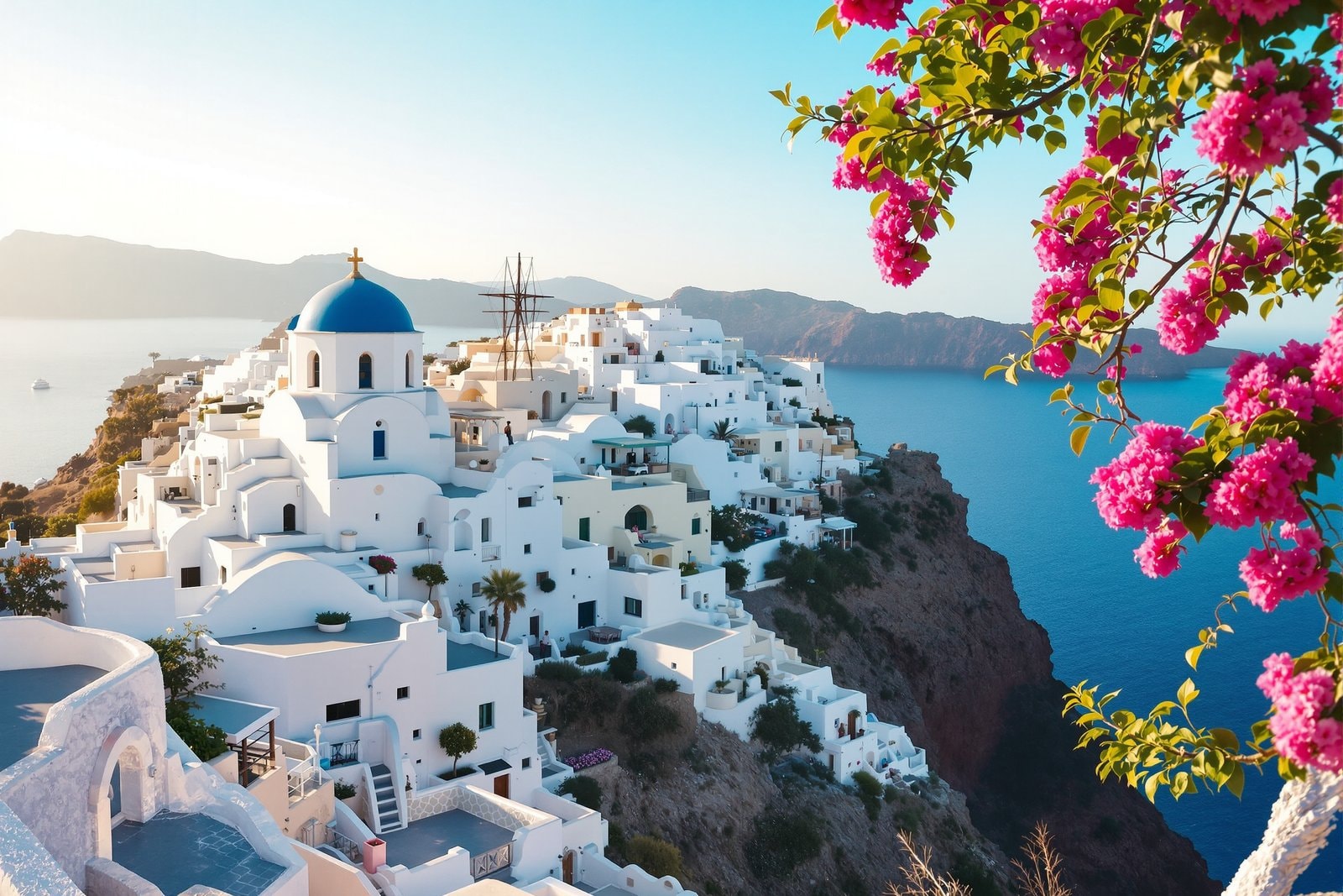 White cube houses and a blue dome clustered on a cliff top above a deep blue sea